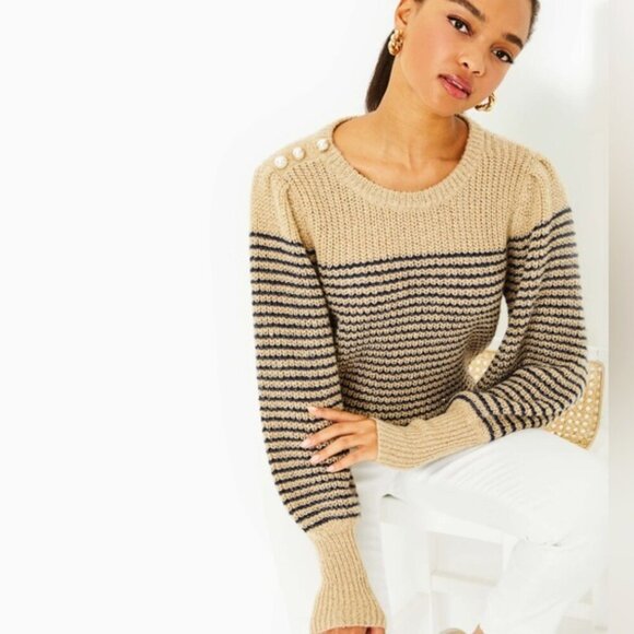 NWT Lilly Pulitzer Finney Sweater Sand Bar Sparkle Strip Size S - Picture 1 of 13